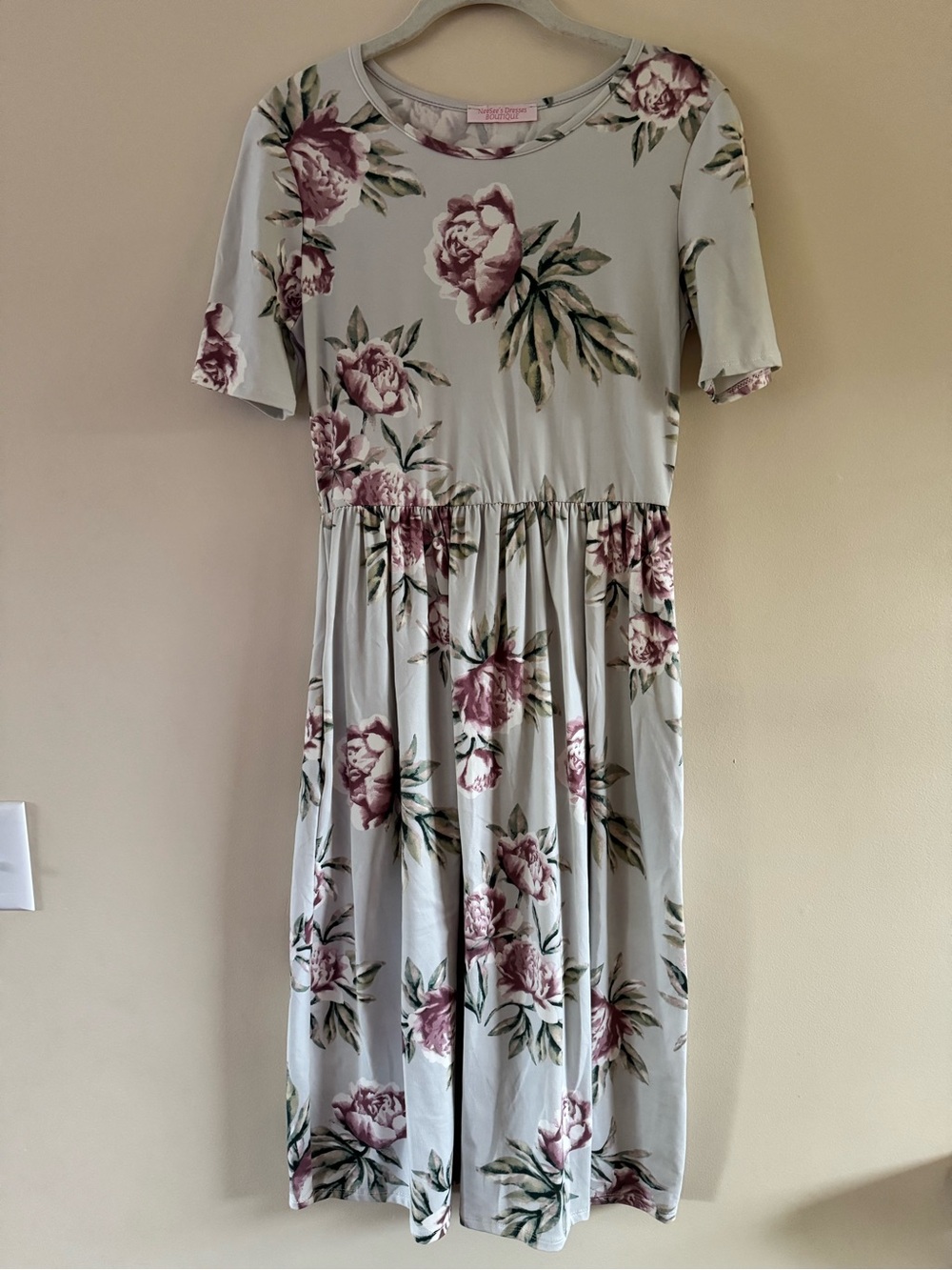 Floral Midi Dress in Light Gray with Mauve Rose Print
